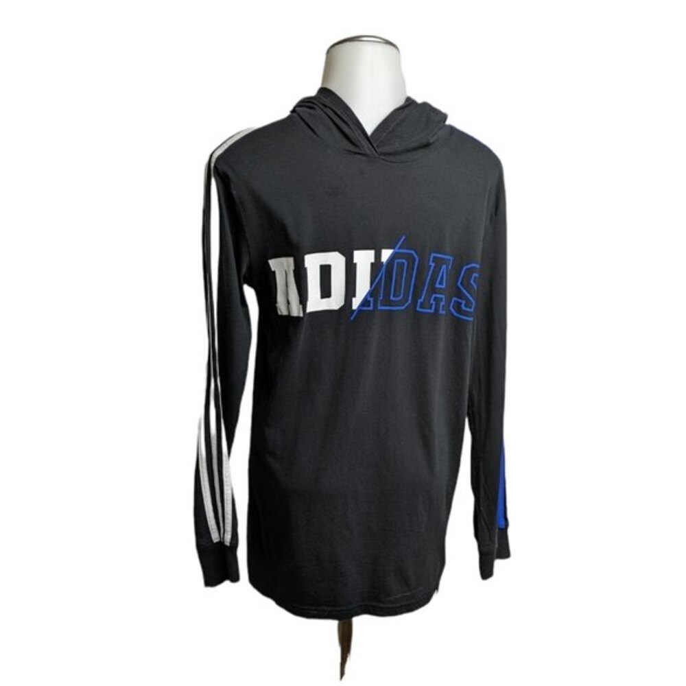 Adidas Hooded Shirt Kids Large Logo Striped Sleeves Hoodie Tee Youth L (14/16)